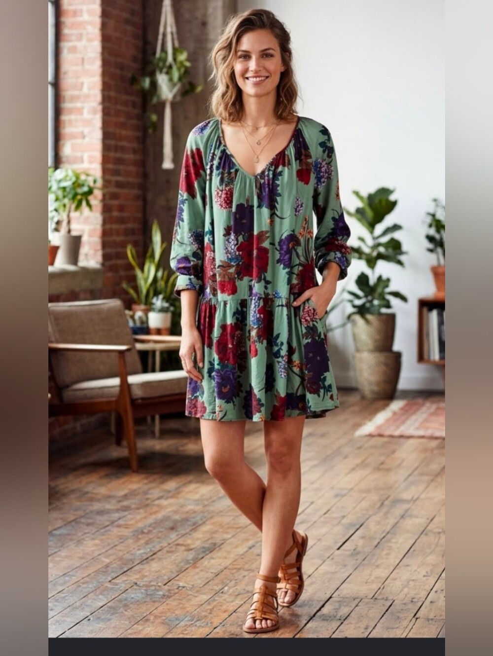 H&M Sage Green Floral Tiered V-Neck Mini Dress